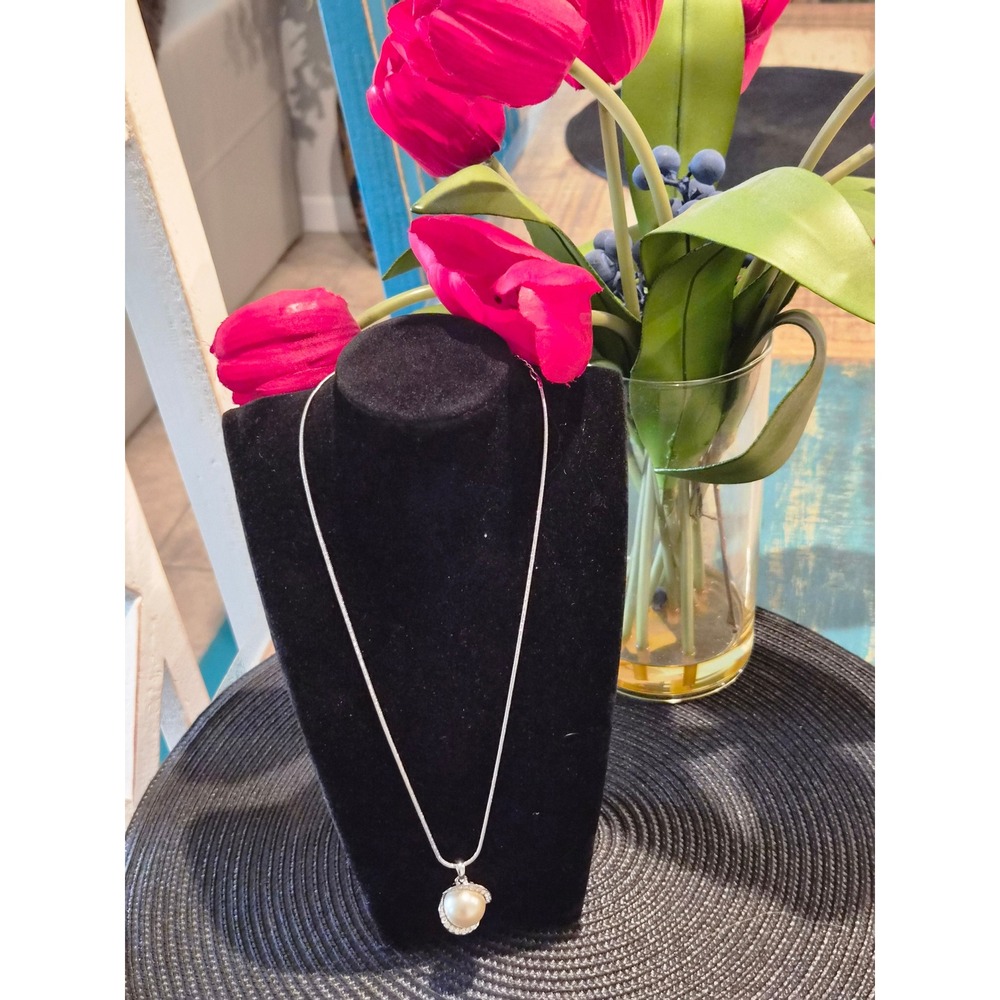 Silver Tone Faux Pearl Rhinestone Pendant Snake Chain Necklace Women Jewelry